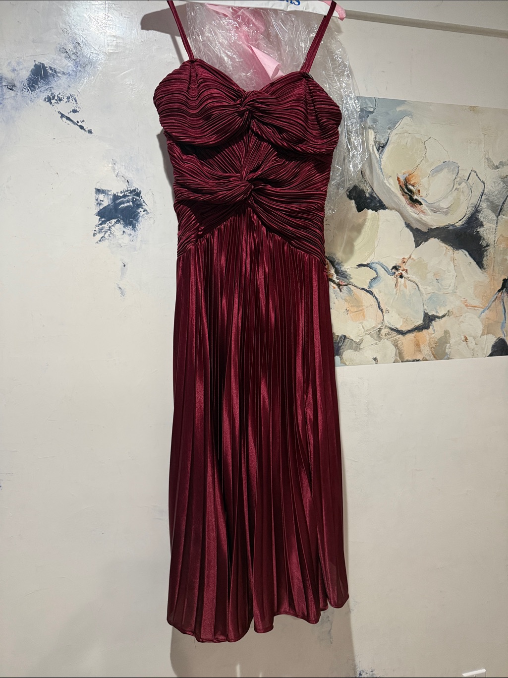 Lulu's Wine Red Twist-Front Pleated Midi Dress